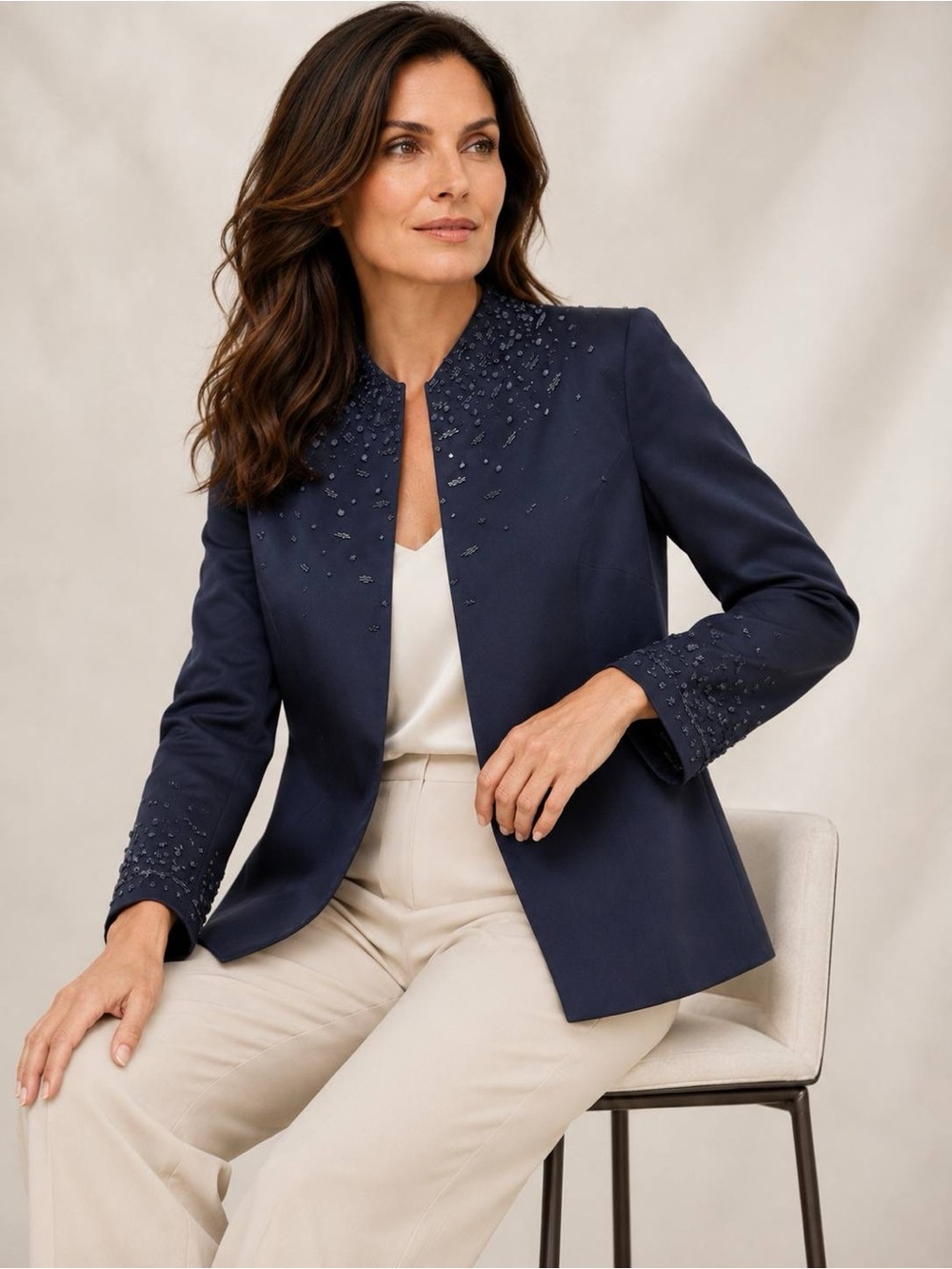 Albert Nipon Women Navy Blue Beaded Open Front Blazer Jacket Size 12 NWT